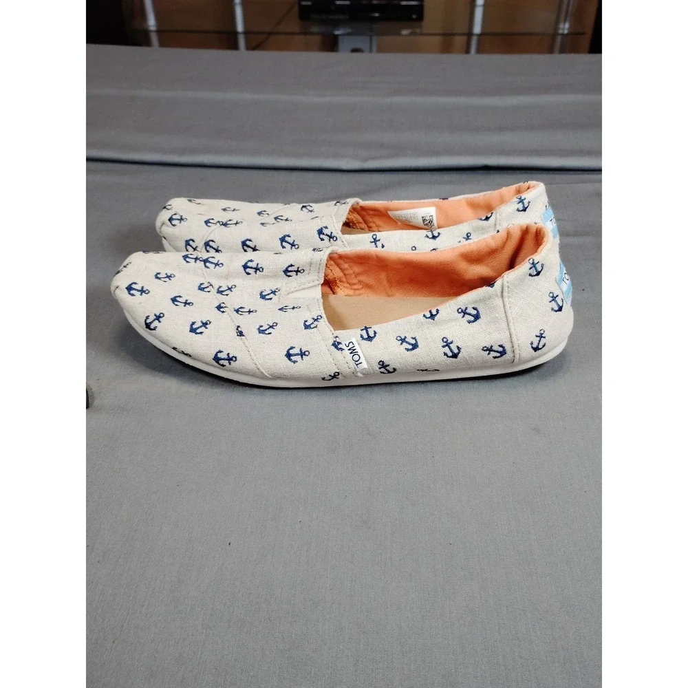 TOMS Shoes Women 11 Anchor Nautical Canvas Casual Slip On Espadrille Flats Beach